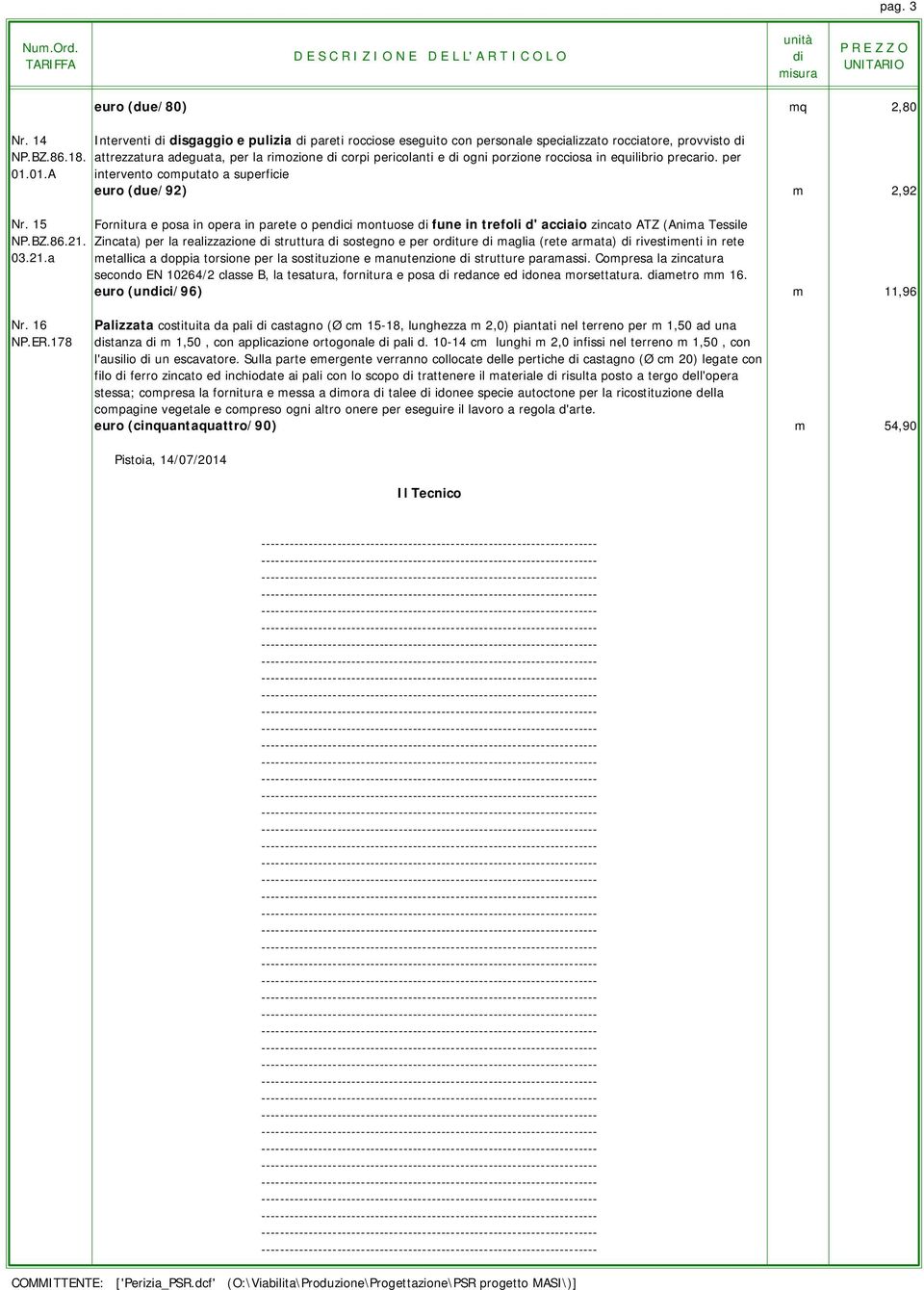 attrezzatura adeguata, per la rimozione di corpi pericolanti e di ogni porzione rocciosa in equilibrio precario. per 01.01.A intervento computato a superficie euro (due/92) m 2,92 Nr.