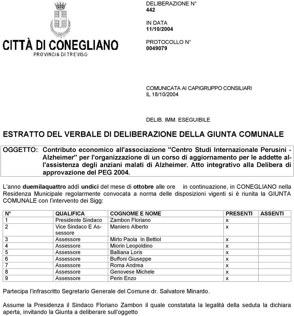 corso di aggiornamento per le addette all'assistenza degli anziani malati di Alzheimer. Atto integrativo alla Delibera di approvazione del PEG 2004.