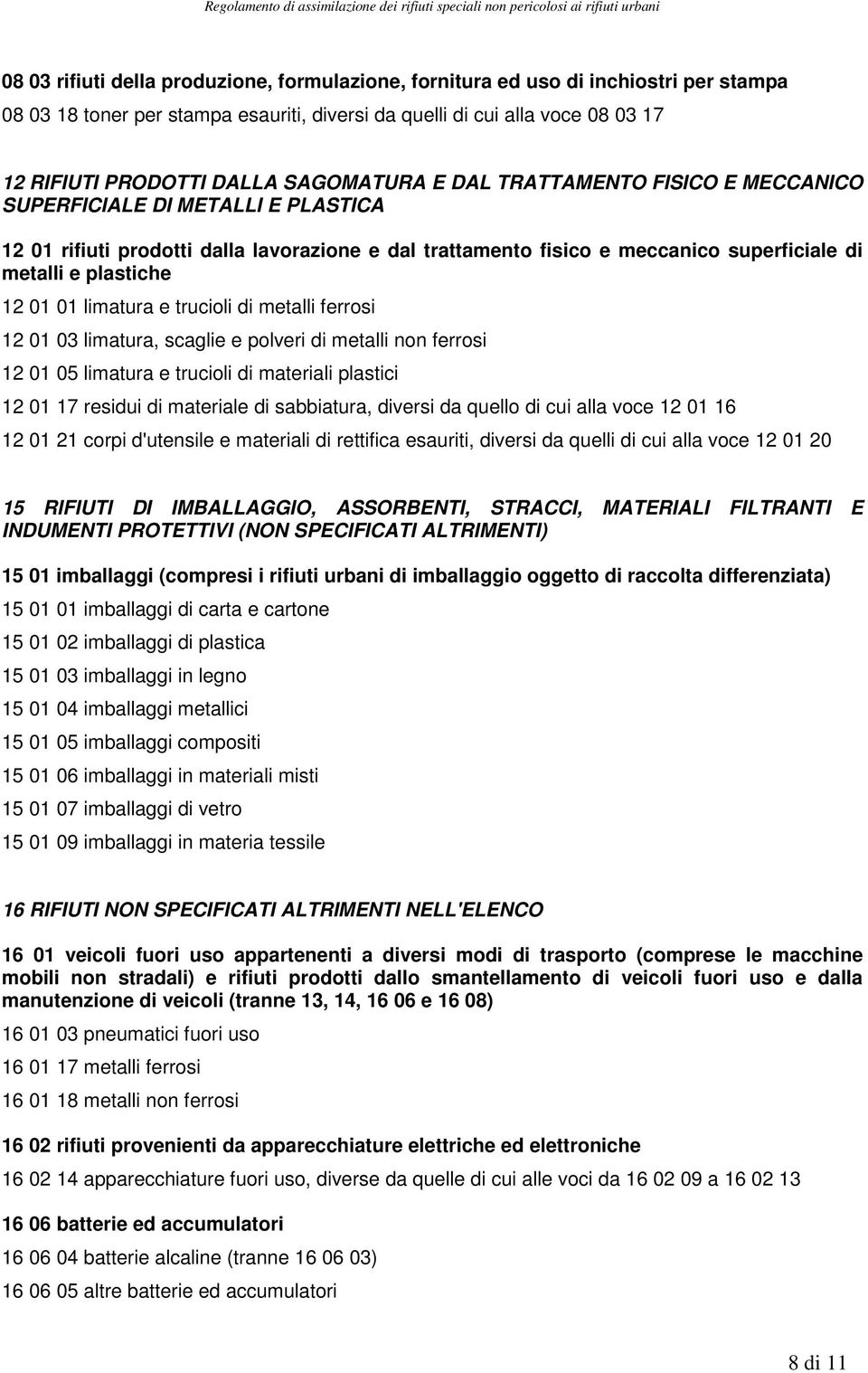 01 01 limatura e trucioli di metalli ferrosi 12 01 03 limatura, scaglie e polveri di metalli non ferrosi 12 01 05 limatura e trucioli di materiali plastici 12 01 17 residui di materiale di