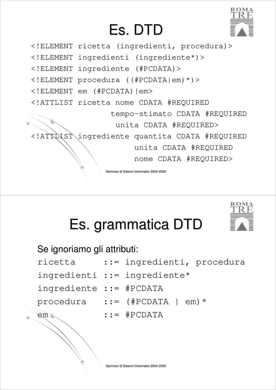 ATTLIST ingrediente quantita CDATA #REQUIRED unita CDATA #REQUIRED nome CDATA #REQUIRED> Seminari di Sistemi Informatici 2004- Es.