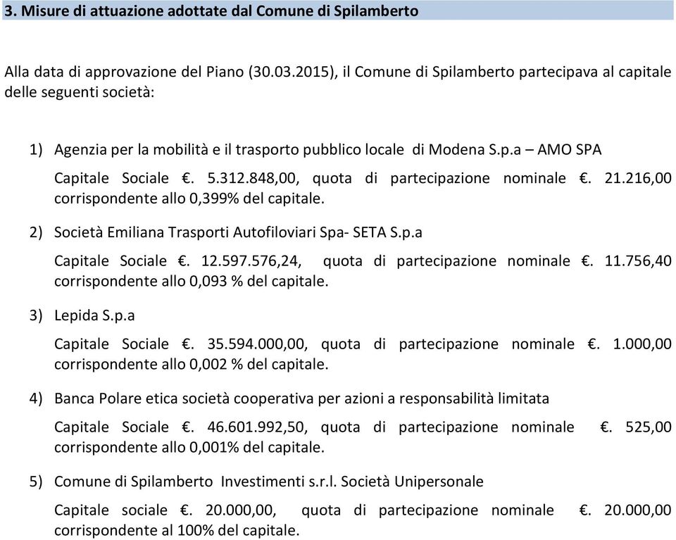 848,00, quota di partecipazione nominale. 21.216,00 corrispondente allo 0,399% del capitale. 2) Società Emiliana Trasporti Autofiloviari Spa- SETA S.p.a Capitale Sociale. 12.597.