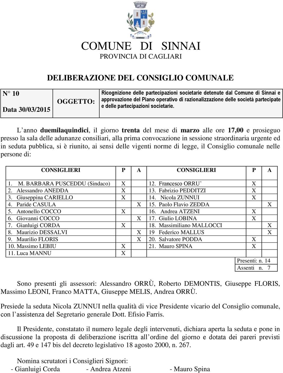 L anno duemilaquindici, il giorno trenta del mese di marzo alle ore 17,00 e prosieguo presso la sala delle adunanze consiliari, alla prima convocazione in sessione straordinaria urgente ed in seduta