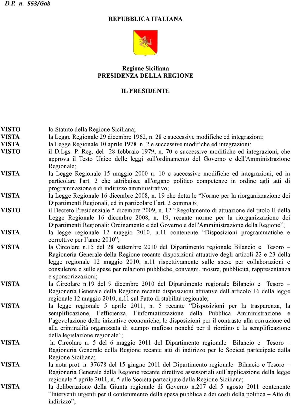 1962, n. 28 e successive modifiche ed integrazioni; la Legge Regionale 10 aprile 1978, n. 2 e successive modifiche ed integrazioni; il D.Lgs. P. Reg. del 28 febbraio 1979, n.