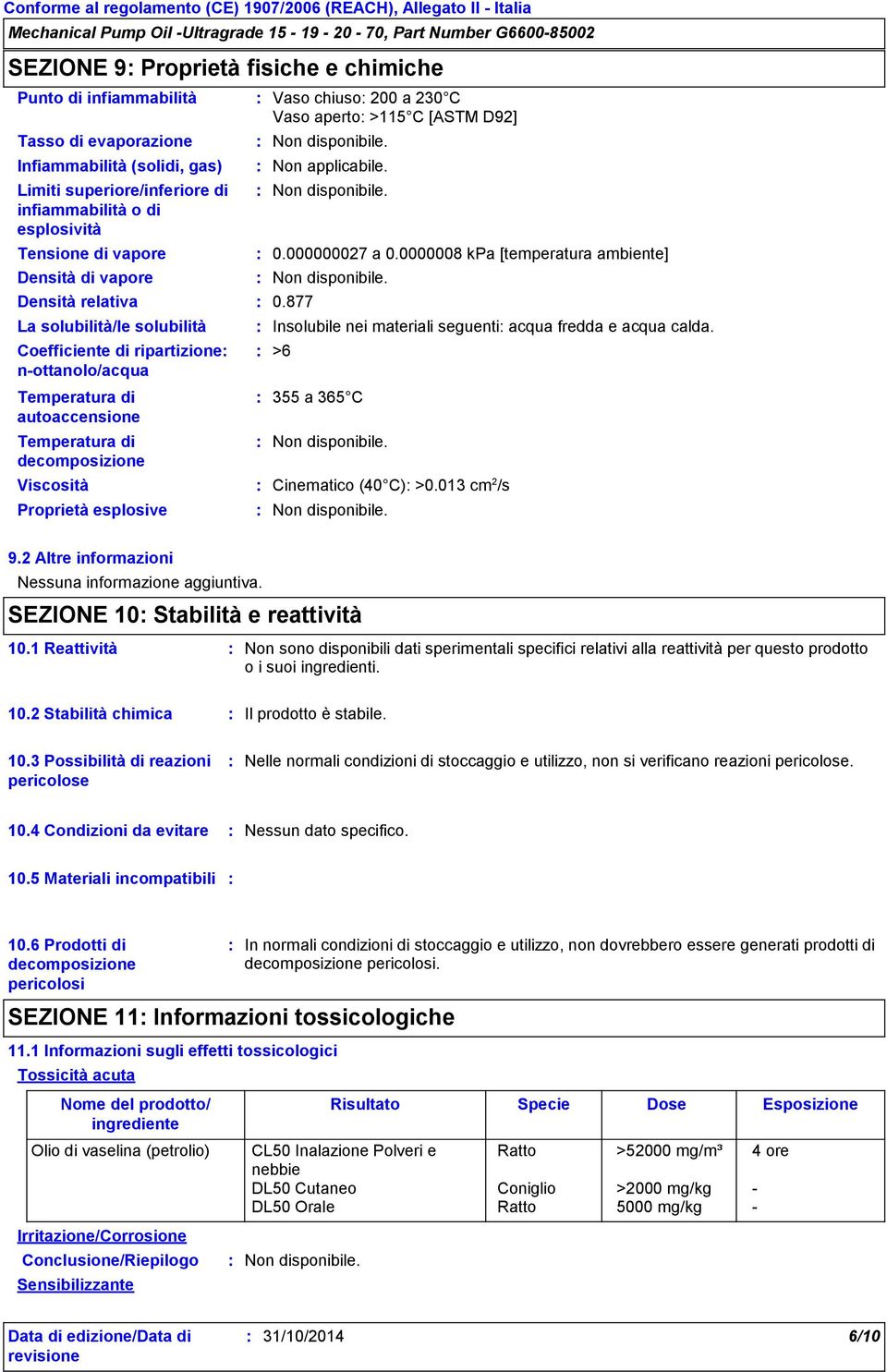 aperto >115 C [ASTM D92] 0.000000027 a 0.0000008 kpa [temperatura ambiente] 0.877 Insolubile nei materiali seguenti acqua fredda e acqua calda. >6 355 a 365 C Viscosità Cinematico (40 C) >0.