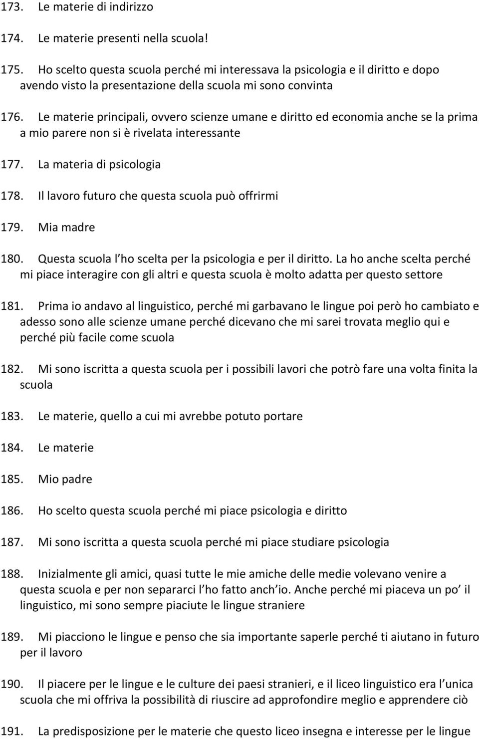 Le materie principali, ovvero scienze umane e diritto ed economia anche se la prima a mio parere non si è rivelata interessante 177. La materia di psicologia 178.