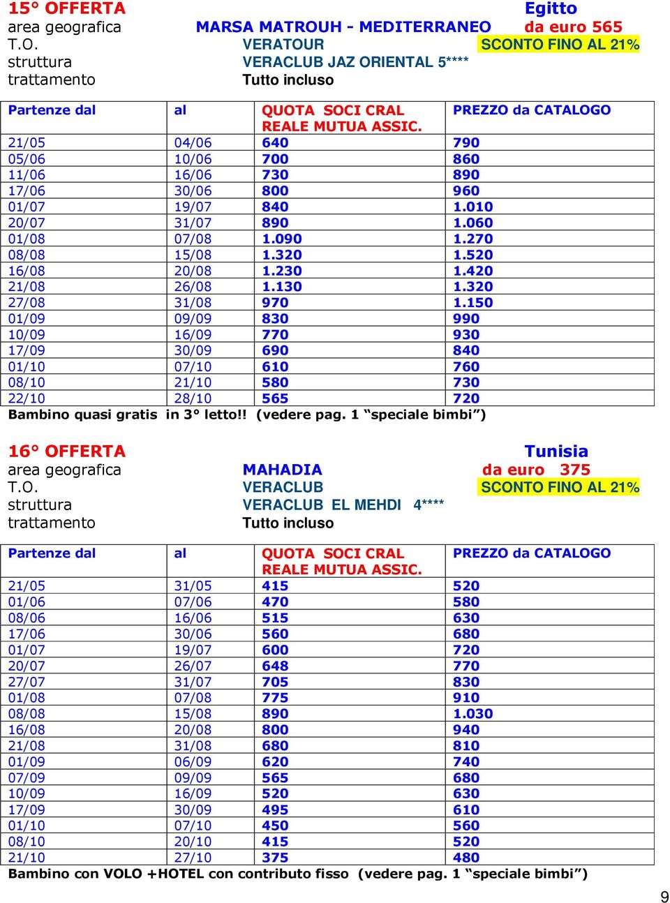 150 01/09 09/09 830 990 10/09 16/09 770 930 17/09 30/09 690 840 01/10 07/10 610 760 08/10 21/10 580 730 22/10 28/10 565 720 Bambino quasi gratis in 3 letto!! (vedere pag.