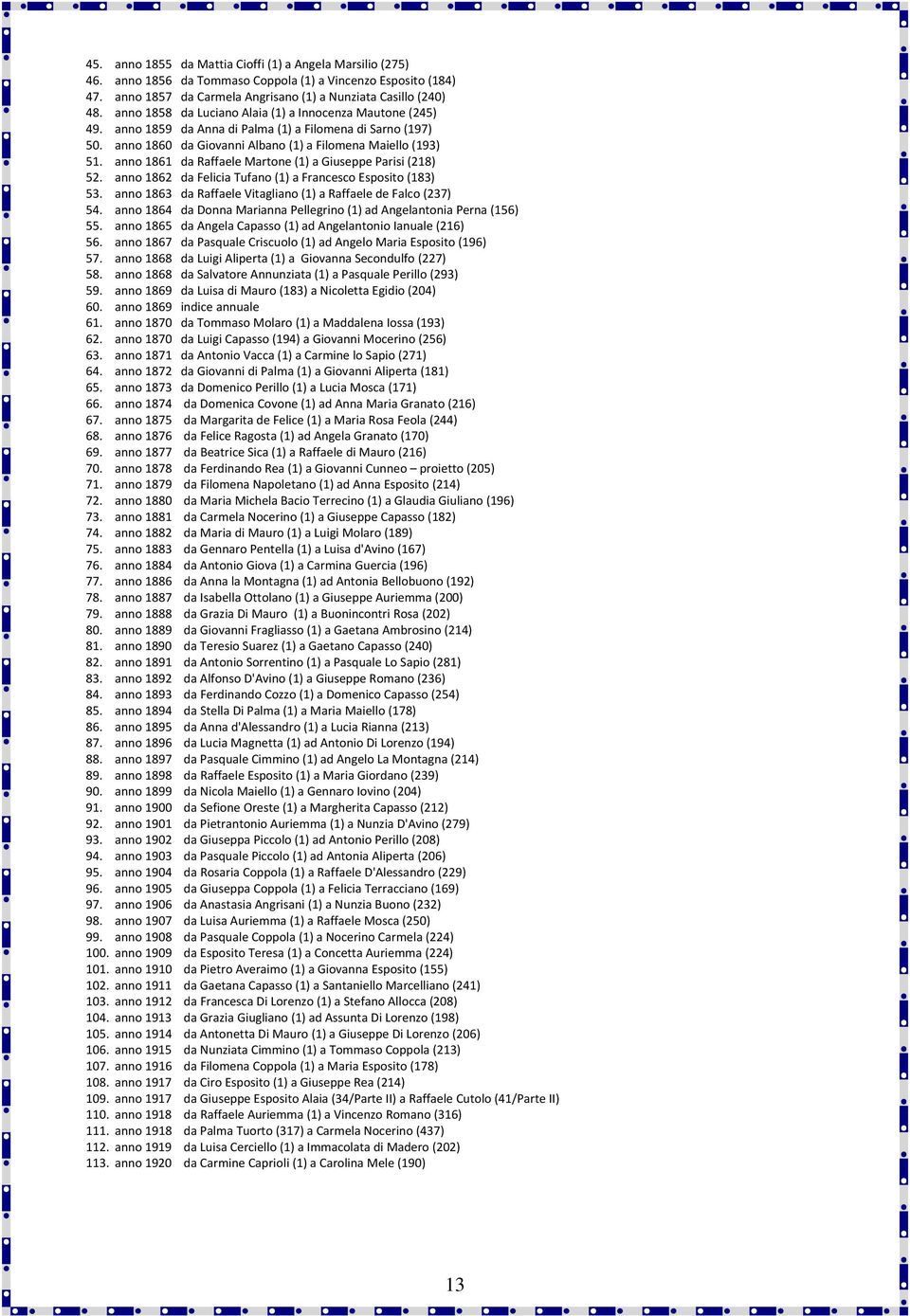 anno 1861 da Raffaele Martone (1) a Giuseppe Parisi (218) 52. anno 1862 da Felicia Tufano (1) a Francesco Esposito (183) 53. anno 1863 da Raffaele Vitagliano (1) a Raffaele de Falco (237) 54.