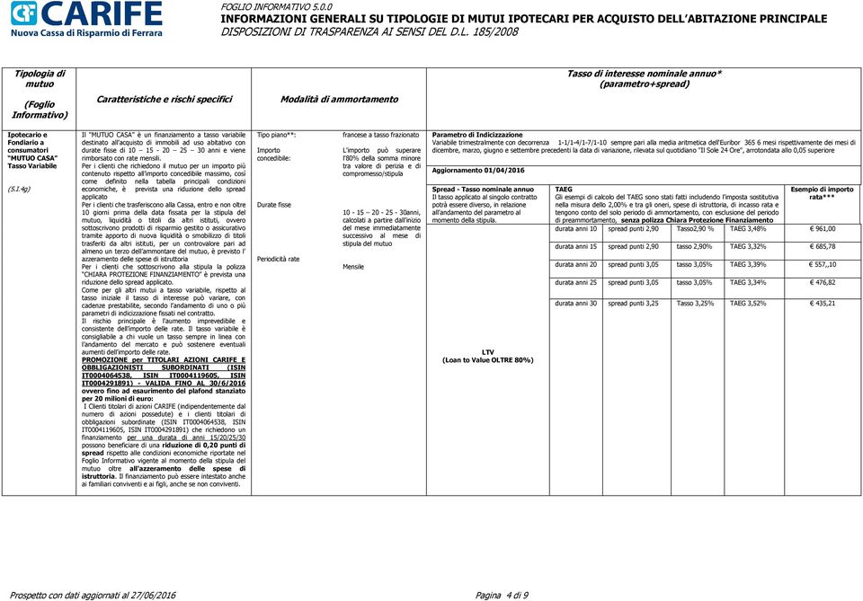 dello spread applicato Per i clienti che trasferiscono alla Cassa, entro e non oltre 10 giorni prima della data fissata per la stipula del, liquidità o titoli da altri istituti, ovvero sottoscrivono