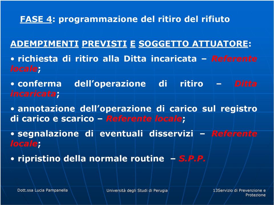 operazione di carico sul registro di carico e scarico Referente locale; segnalazione di eventuali disservizi