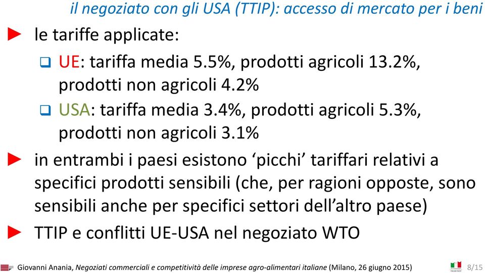 1% in entrambi i paesi esistono picchi tariffari relativi a specifici prodotti sensibili (che, per ragioni opposte, sono sensibili anche per