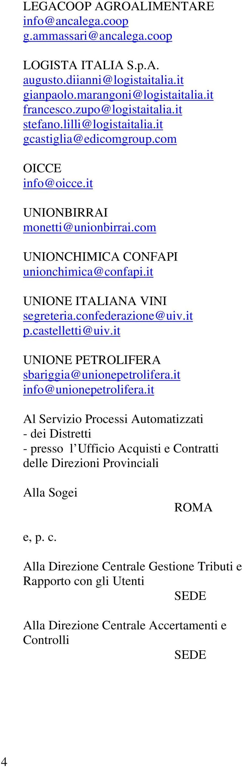 it UNIONE ITALIANA VINI segreteria.confederazione@uiv.it p.castelletti@uiv.it UNIONE PETROLIFERA sbariggia@unionepetrolifera.it info@unionepetrolifera.