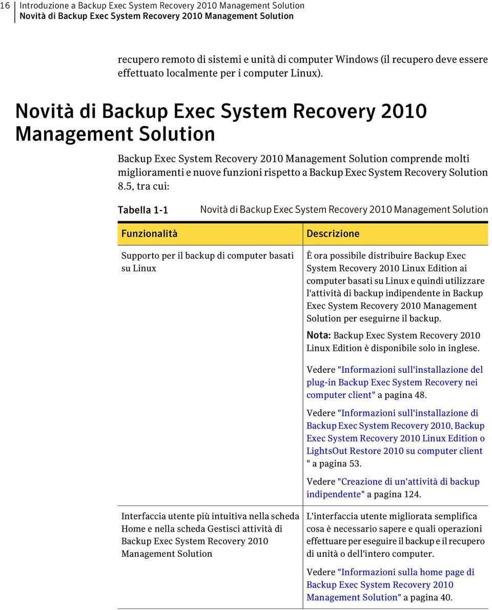 Novità di Backup Exec System Recovery 2010 Management Solution Backup Exec System Recovery 2010 Management Solution comprende molti miglioramenti e nuove funzioni rispetto a Backup Exec System