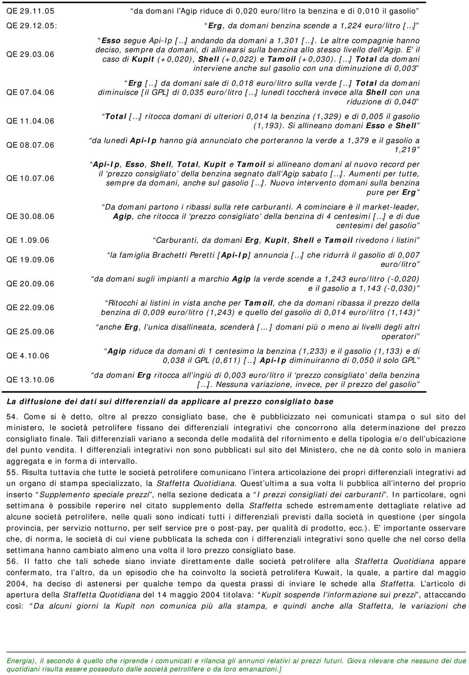 06 QE 13.10.06 da domani l Agip riduce di 0,020 euro/litro la benzina e di 0,010 il gasolio Erg, da domani benzina scende a 1,224 euro/litro [ ] Esso segue Api-Ip [ ] andando da domani a 1,301 [ ].