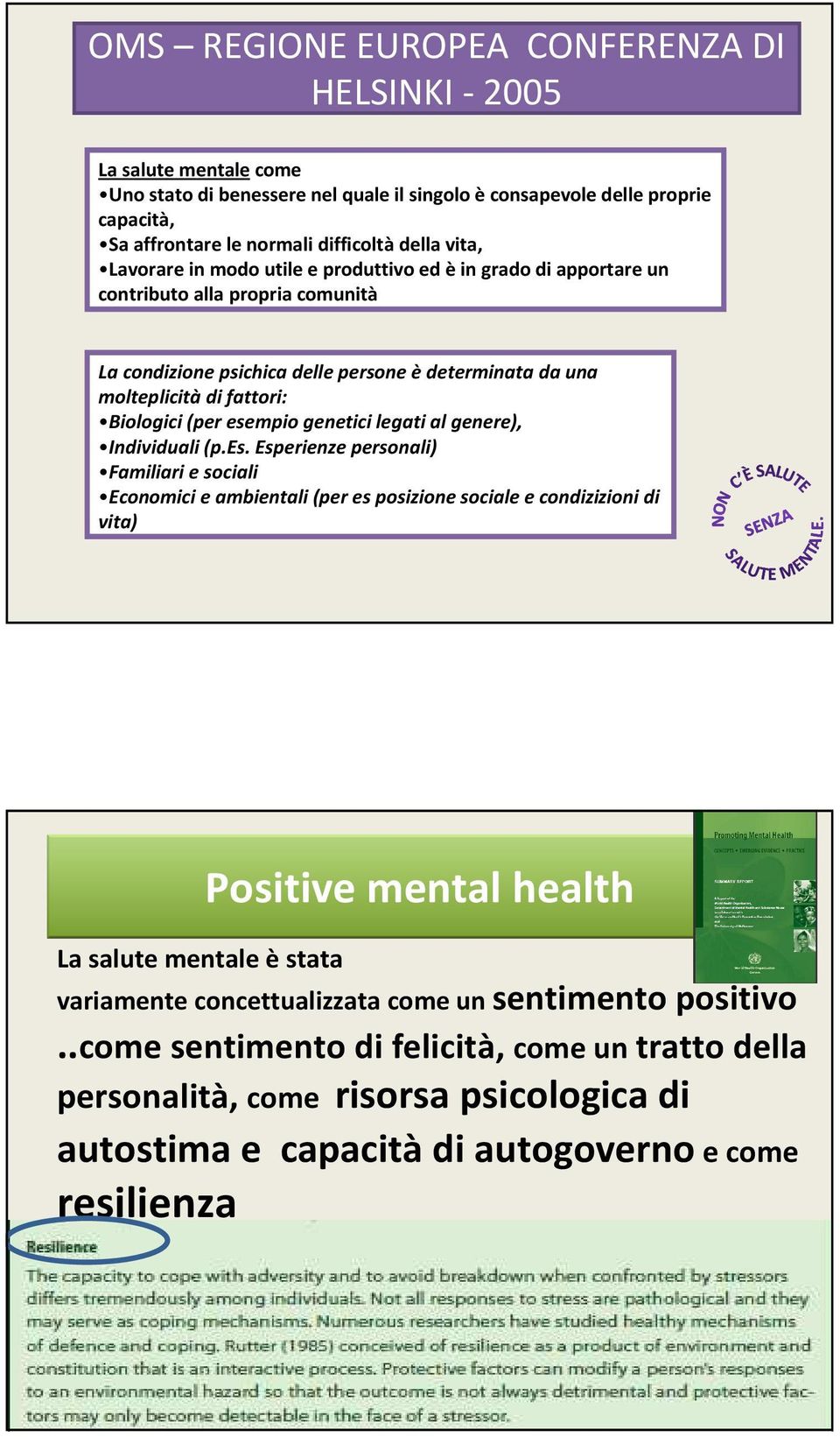 esempio genetici legati al genere), Individuali (p.es. Esperienze personali) Familiari e sociali Economici e ambientali (per es posizione sociale e condizizioni di vita) Positive mental health La