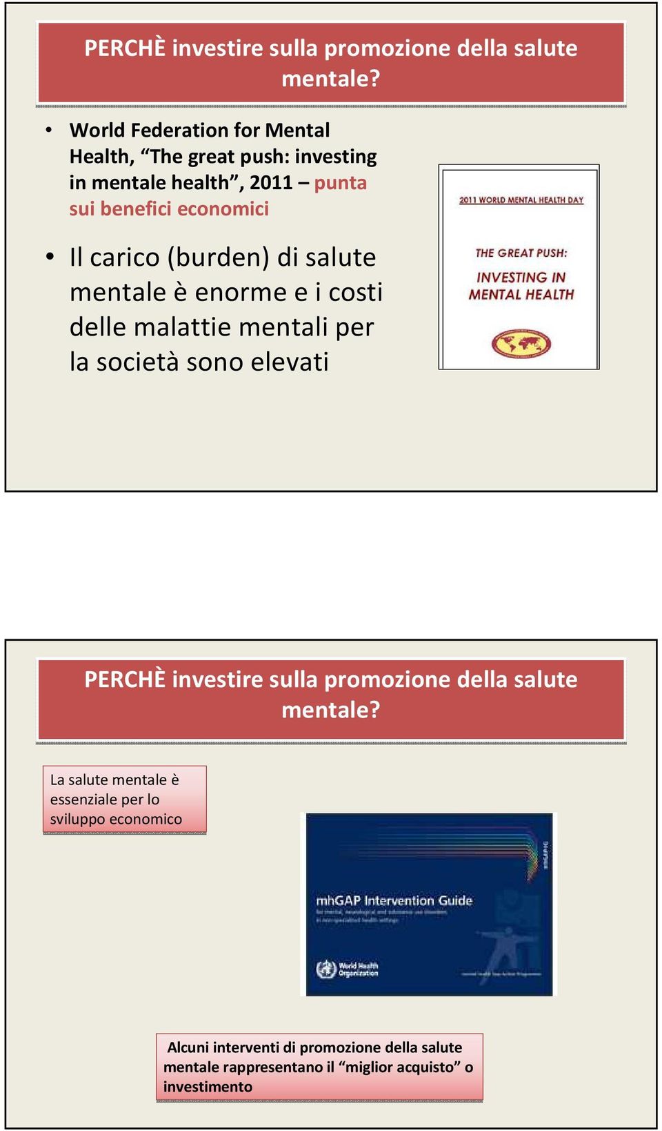 carico (burden) di salute mentale èenorme e i costi delle malattie mentali per la società sono elevati  La salute mentale