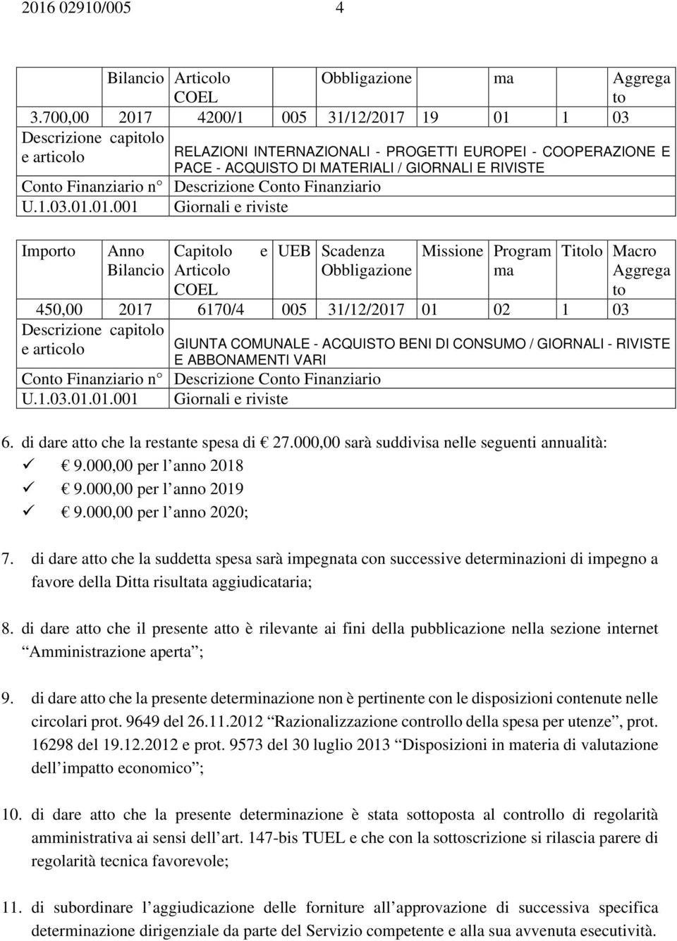 Descrizione Con Finanziario Impor Anno Capilo e UEB Scadenza Missione Program Obbligazione ma 450,00 2017 6170/4 005 31/12/2017 01 02 1 03 Descrizione capilo Tilo Macro Aggrega GIUNTA COMUNALE -