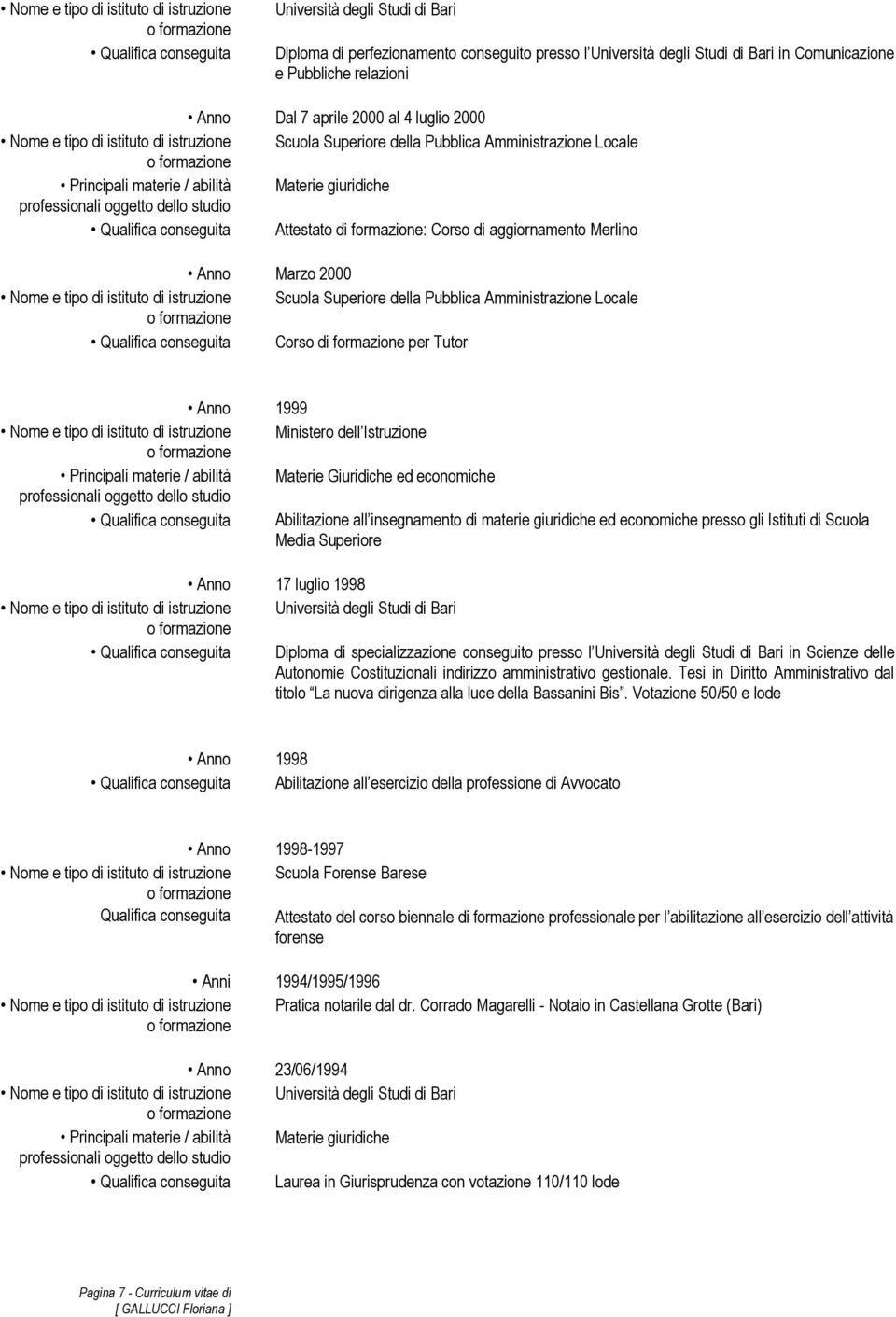 1999 Nome e tipo di istituto di istruzione Ministero dell Istruzione Principali materie / abilità Materie Giuridiche ed economiche Qualifica conseguita Abilitazione all insegnamento di materie