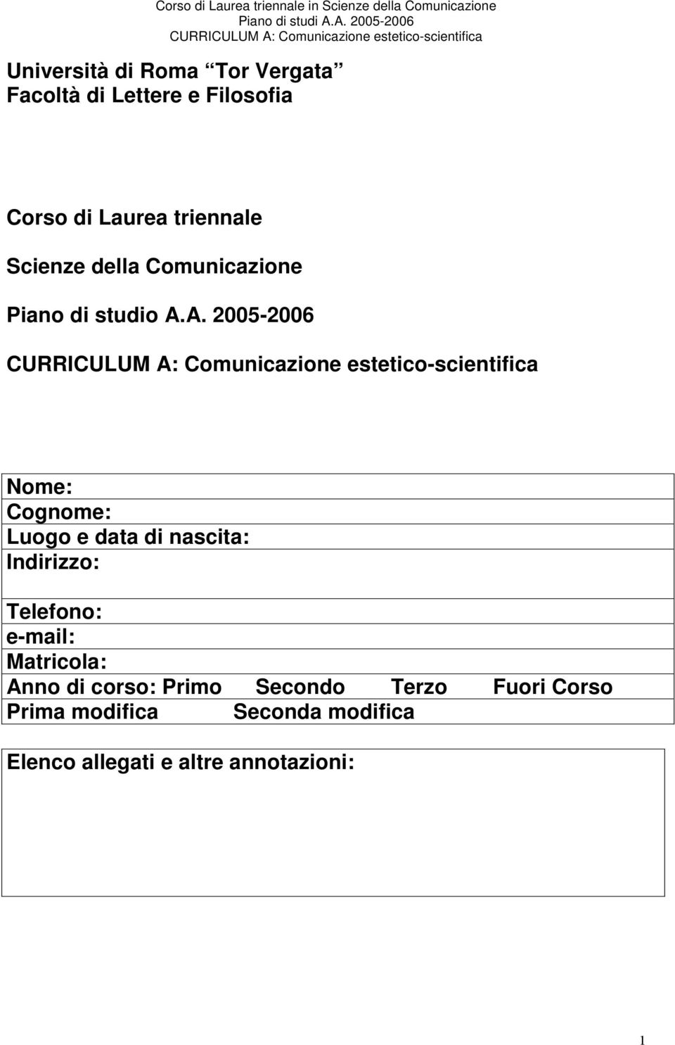 triennale Scienze della Comunicazione Piano di studio A.