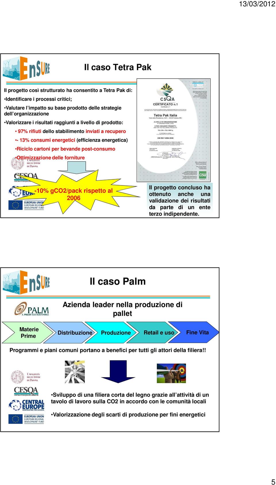 delle forniture -10% gco2/pack rispetto al 2006 Il progetto concluso ha ottenuto anche una validazione dei risultati da parte di un ente terzo indipendente.