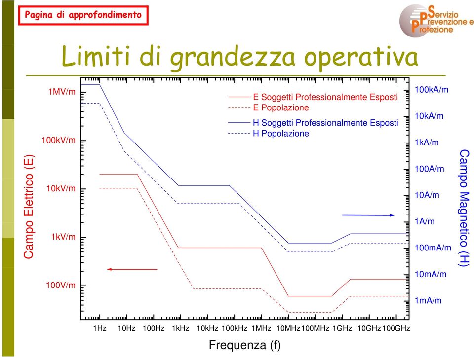 Campo Elettrico (E) 10kV/m 1kV/m 100A/m 10A/m 1A/m 100mA/m Camp po Magne etico (H)