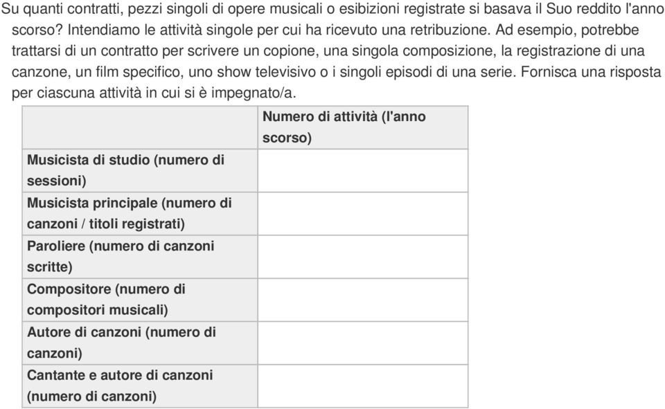 di una serie. Fornisca una risposta per ciascuna attività in cui si è impegnato/a.