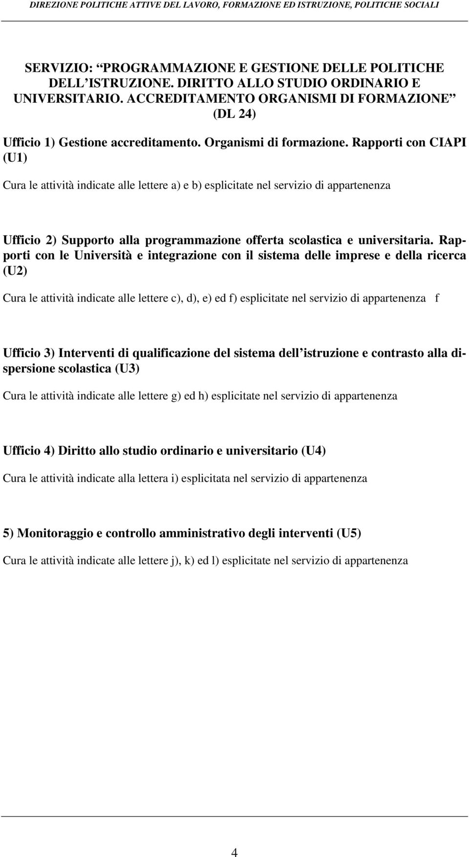 Rapporti con CIAPI (U1) Cura le attività indicate alle lettere a) e b) esplicitate nel servizio di appartenenza Ufficio 2) Supporto alla programmazione offerta scolastica e universitaria.