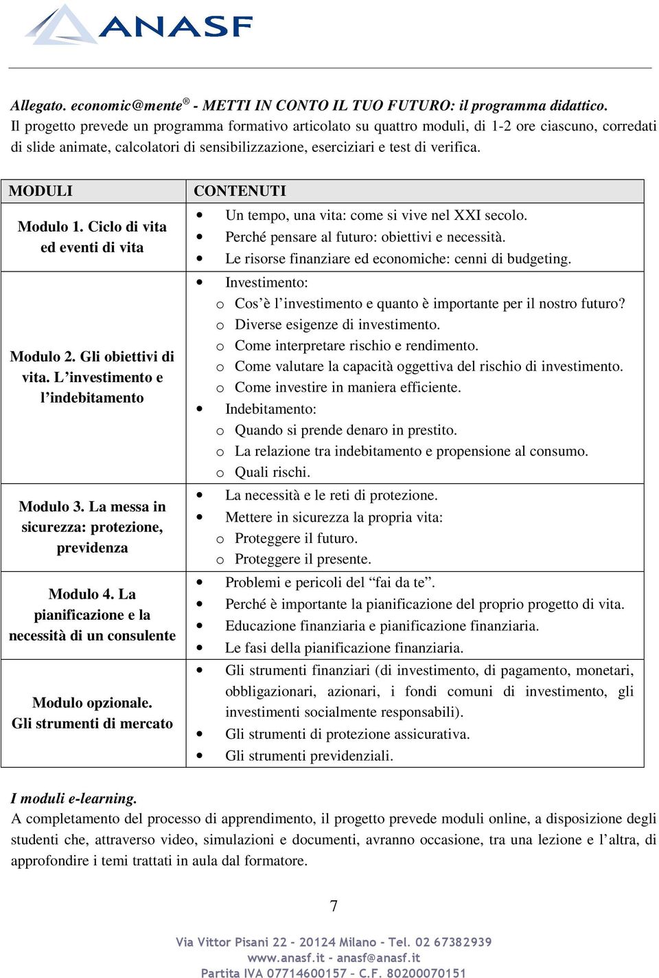 MODULI Modulo 1. Ciclo di vita ed eventi di vita Modulo 2. Gli obiettivi di vita. L investimento e l indebitamento Modulo 3. La messa in sicurezza: protezione, previdenza Modulo 4.