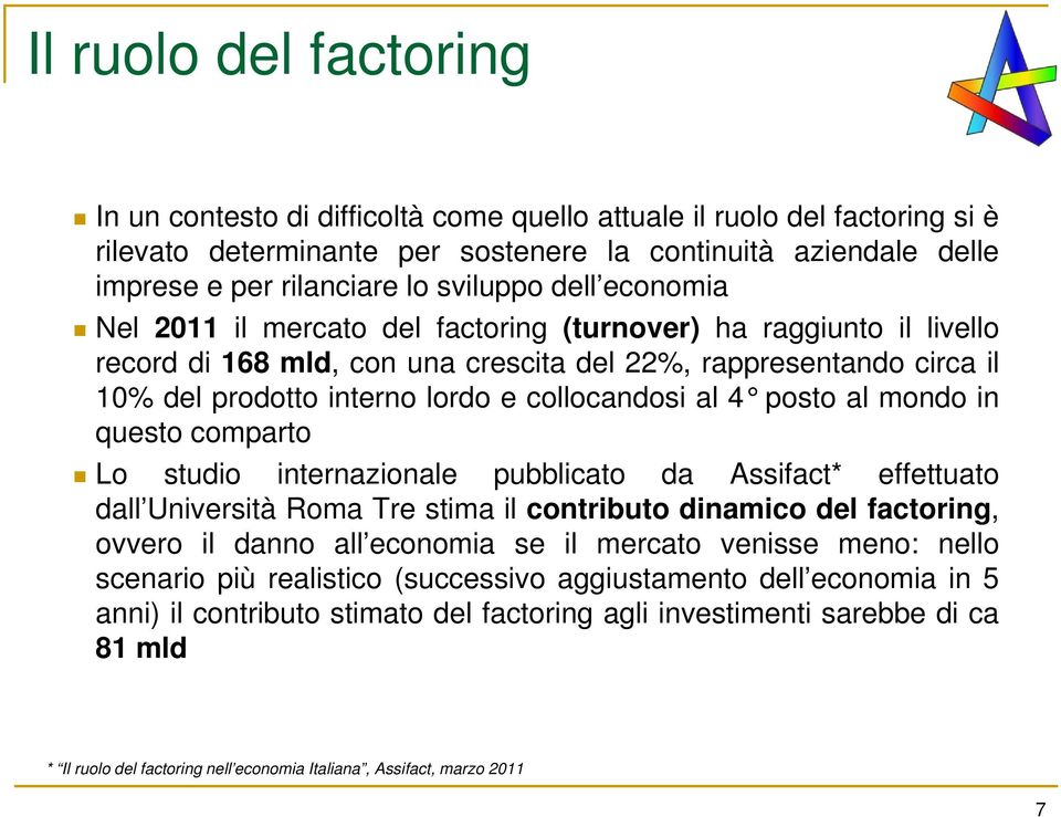 collocandosi al 4 posto al mondo in questo comparto Lo studio internazionale pubblicato da Assifact* effettuato dall Università Roma Tre stima il contributo dinamico del factoring, ovvero il danno