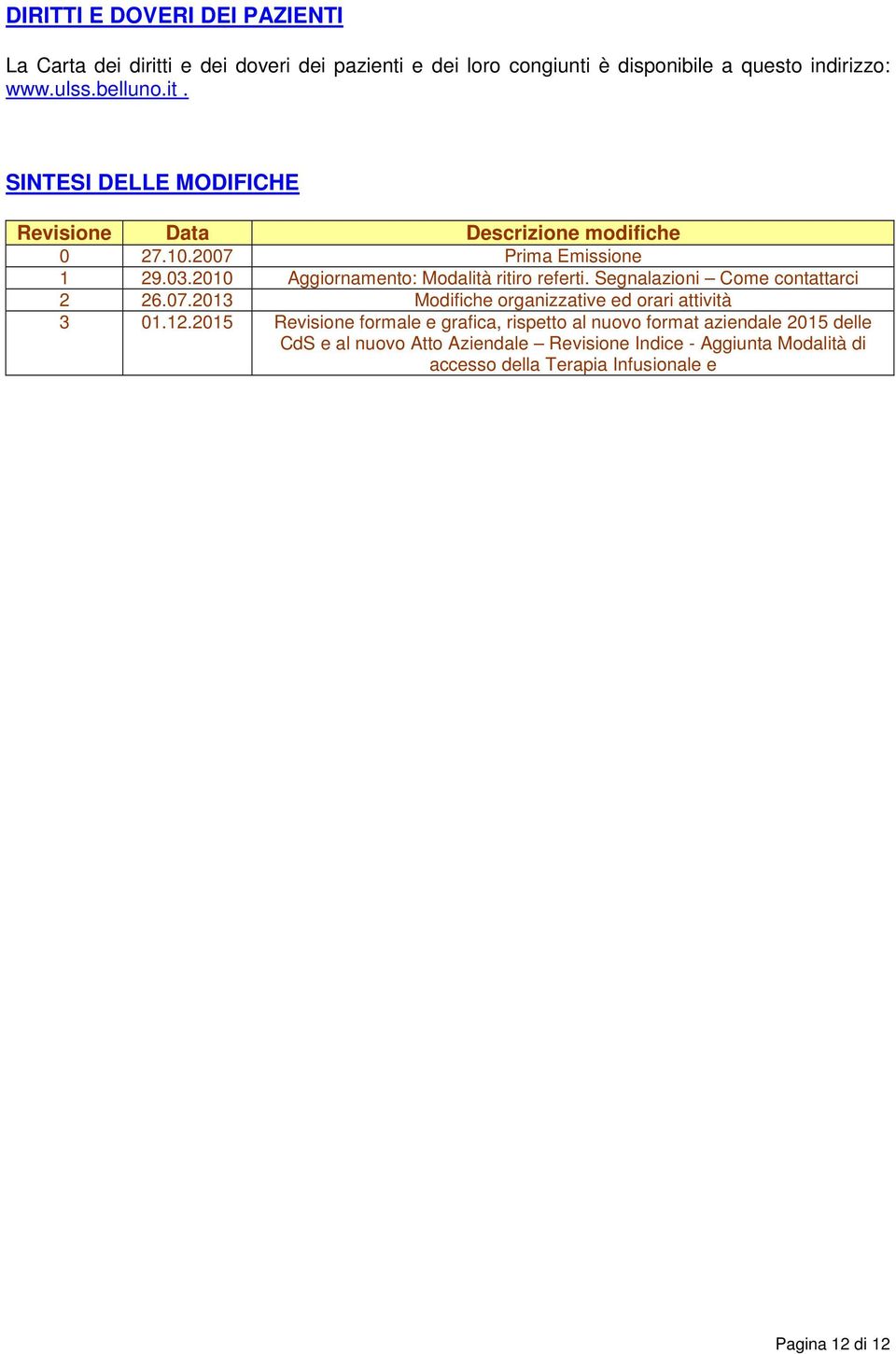 2010 Aggiornamento: Modalità ritiro referti. Segnalazioni Come contattarci 2 26.07.2013 Modifiche organizzative ed orari attività 3 01.12.