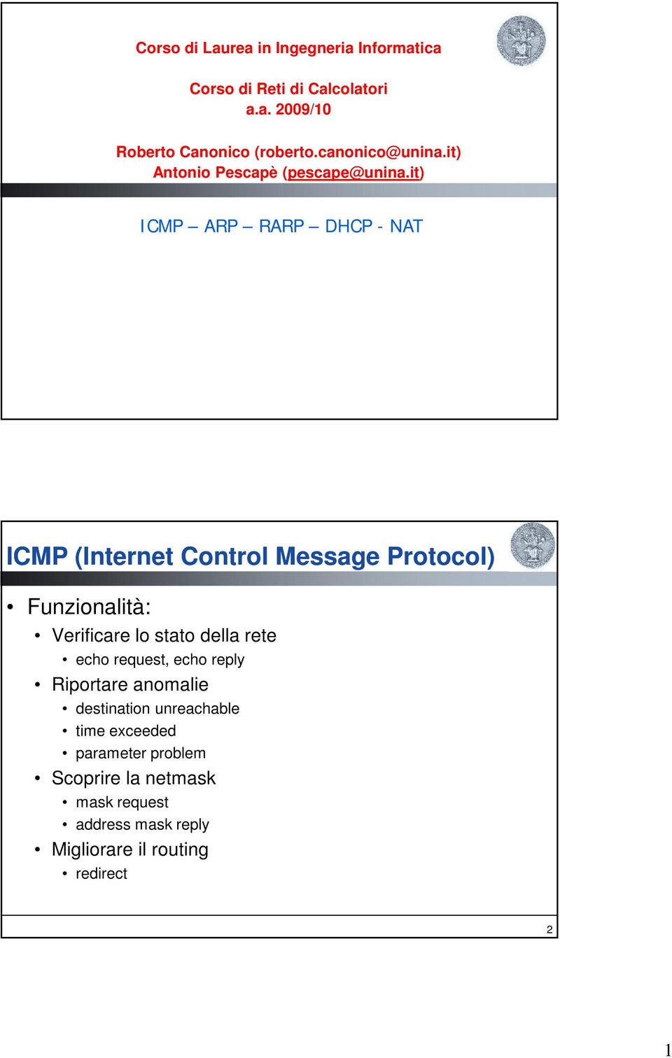 it) ICMP ARP RARP DHCP - NAT ICMP (Internet Control Message Protocol) Funzionalità: Verificare lo stato della rete