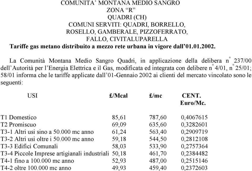 La Comunità Montana Medio Sangro Quadri, in applicazione della delibera n 237/00 dell Autorità per l Energia Elettrica e il Gas, modificata ed integrata con delibere n 4/01, n 25/01; 58/01 informa