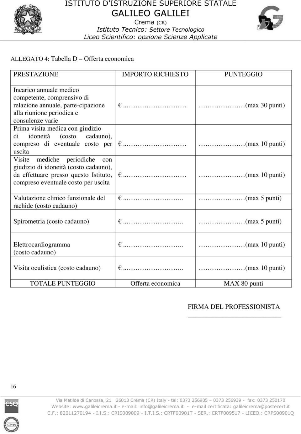 presso questo Istituto, compreso eventuale costo per uscita Valutazione clinico funzionale del rachide (costo cadauno).. (max 30 punti).. (max 10 punti).. (max 10 punti).... (max 5 punti) Spirometria (costo cadauno).