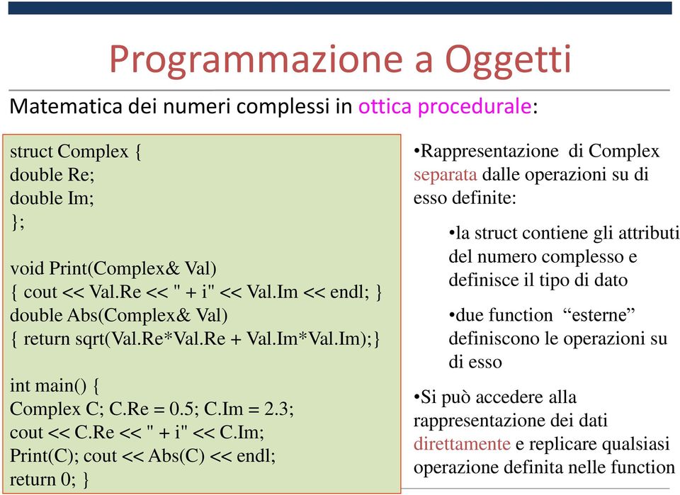 Im; Print(C); cout << Abs(C) << endl; return 0; } Rappresentazione di Complex separata dalle operazioni su di esso definite: la struct contiene gli attributi del numero complesso e