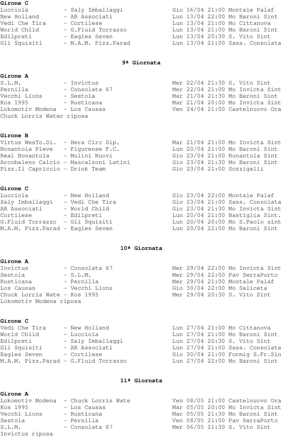 Vito Sint Pernilla - Consolata 67 Mer 22/04 21:00 Mo Invicta Sint Vecchi Lions - Sestola Mar 21/04 21:30 Mo Baroni Sint Kos 1995 - Rusticana Mar 21/04 20:00 Mo Invicta Sint Lokomotiv Modena - Los