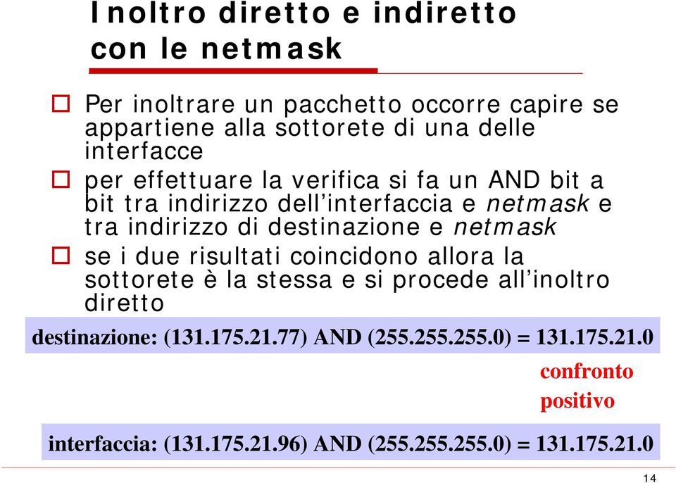 destinazione e netmask se i due risultati coincidono allora la sottorete è la stessa e si procede all inoltro diretto