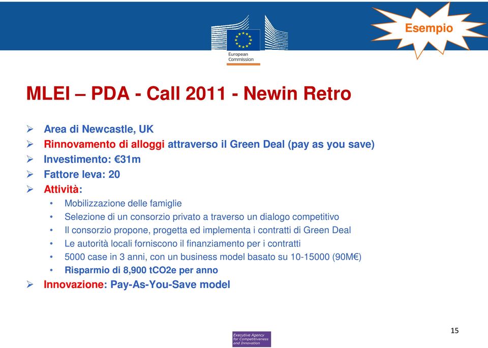 competitivo Il consorzio propone, progetta ed implementa i contratti di Green Deal Le autorità locali forniscono il finanziamento per i