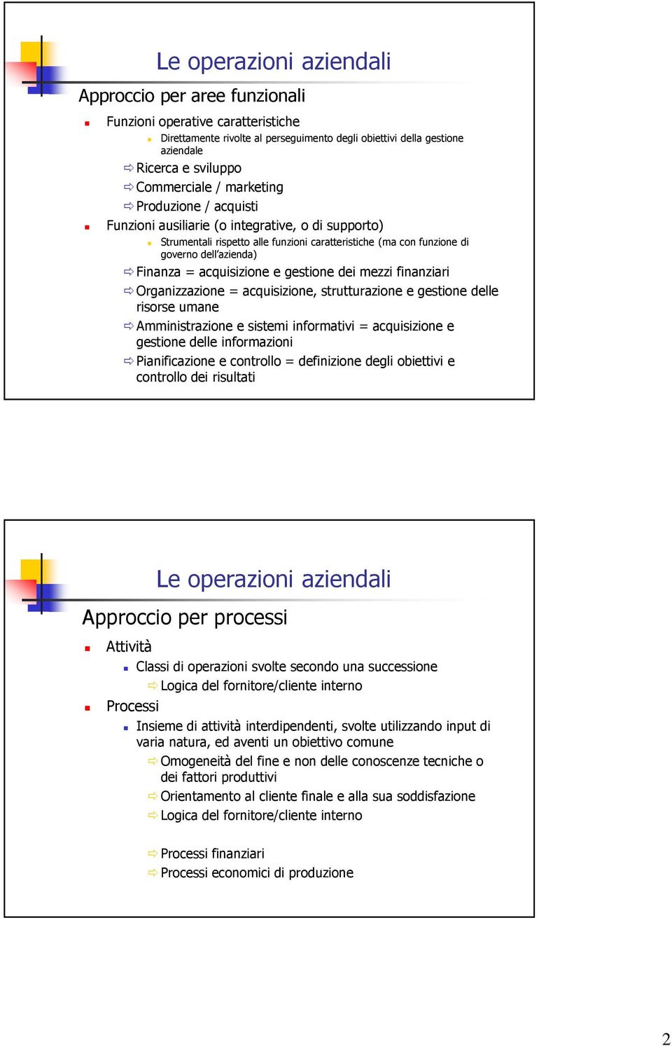 acquisizione e gestione dei mezzi finanziari Organizzazione = acquisizione, strutturazione e gestione delle risorse umane Amministrazione e sistemi informativi = acquisizione e gestione delle