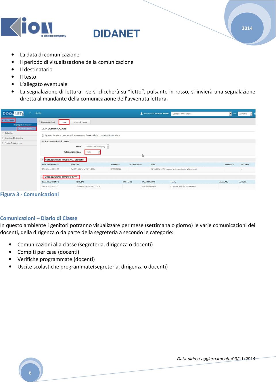 Figura 3 - Comunicazioni Comunicazioni Diario di Classe In questo ambiente i genitori potranno visualizzare per mese (settimana o giorno) le varie comunicazioni dei docenti,