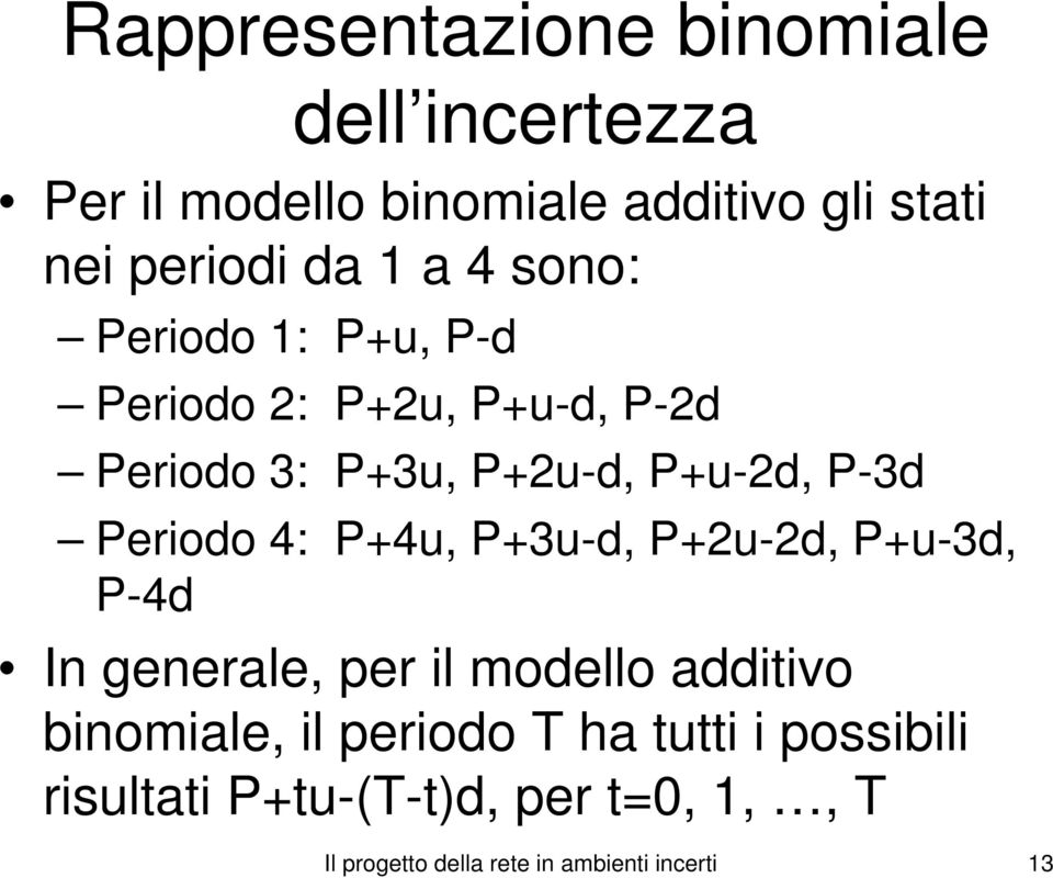 Periodo 4: P+4u, P+3u-d, P+2u-2d, P+u-3d, P-4d In generale, per il modello additivo binomiale, il