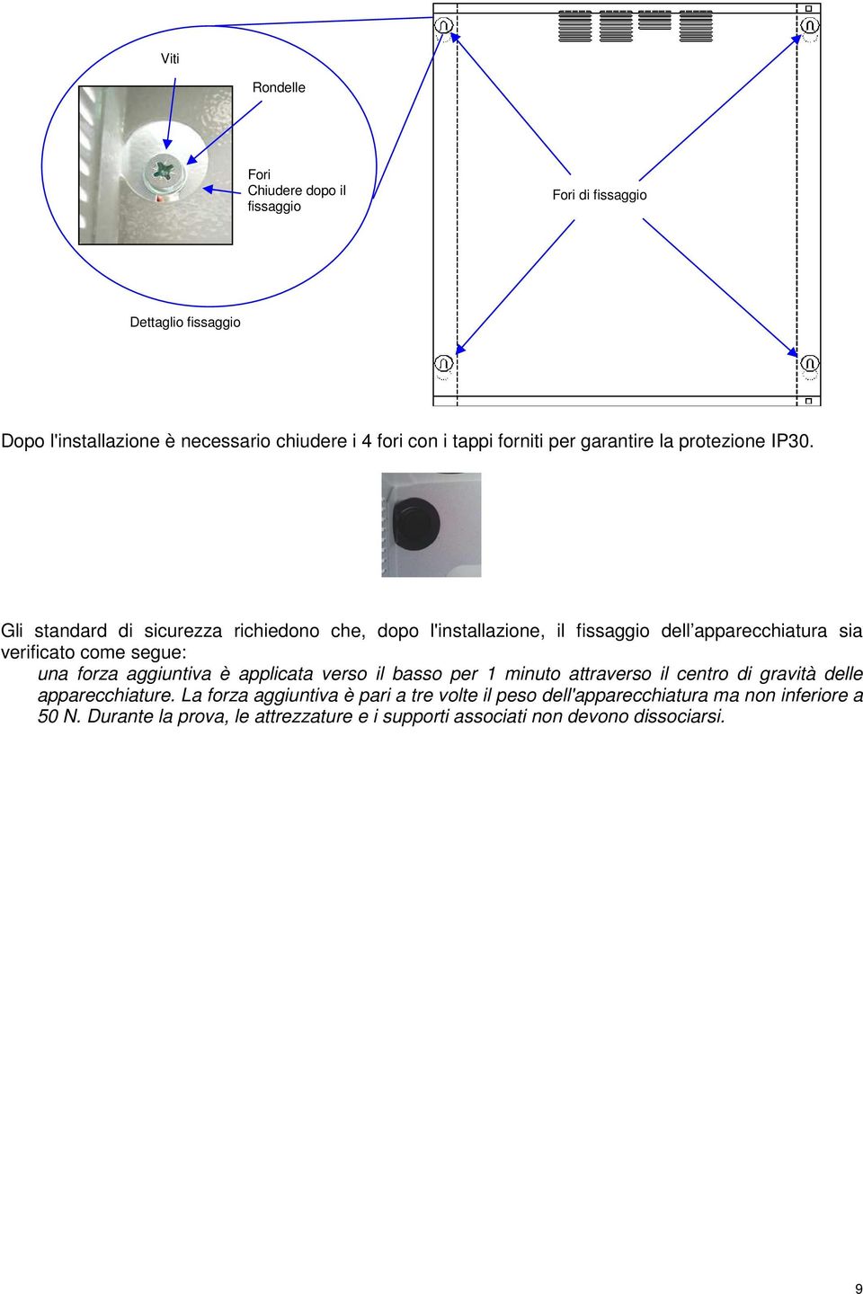Gli standard di sicurezza richiedono che, dopo l'installazione, il fissaggio dell apparecchiatura sia verificato come segue: una forza aggiuntiva è