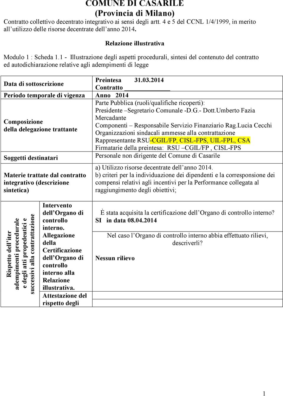 1 - Illustrazione degli aspetti procedurali, sintesi del contenuto del contratto ed autodichiarazione relative agli adempimenti di legge Data di sottoscrizione Periodo temporale di vigenza Anno 2014