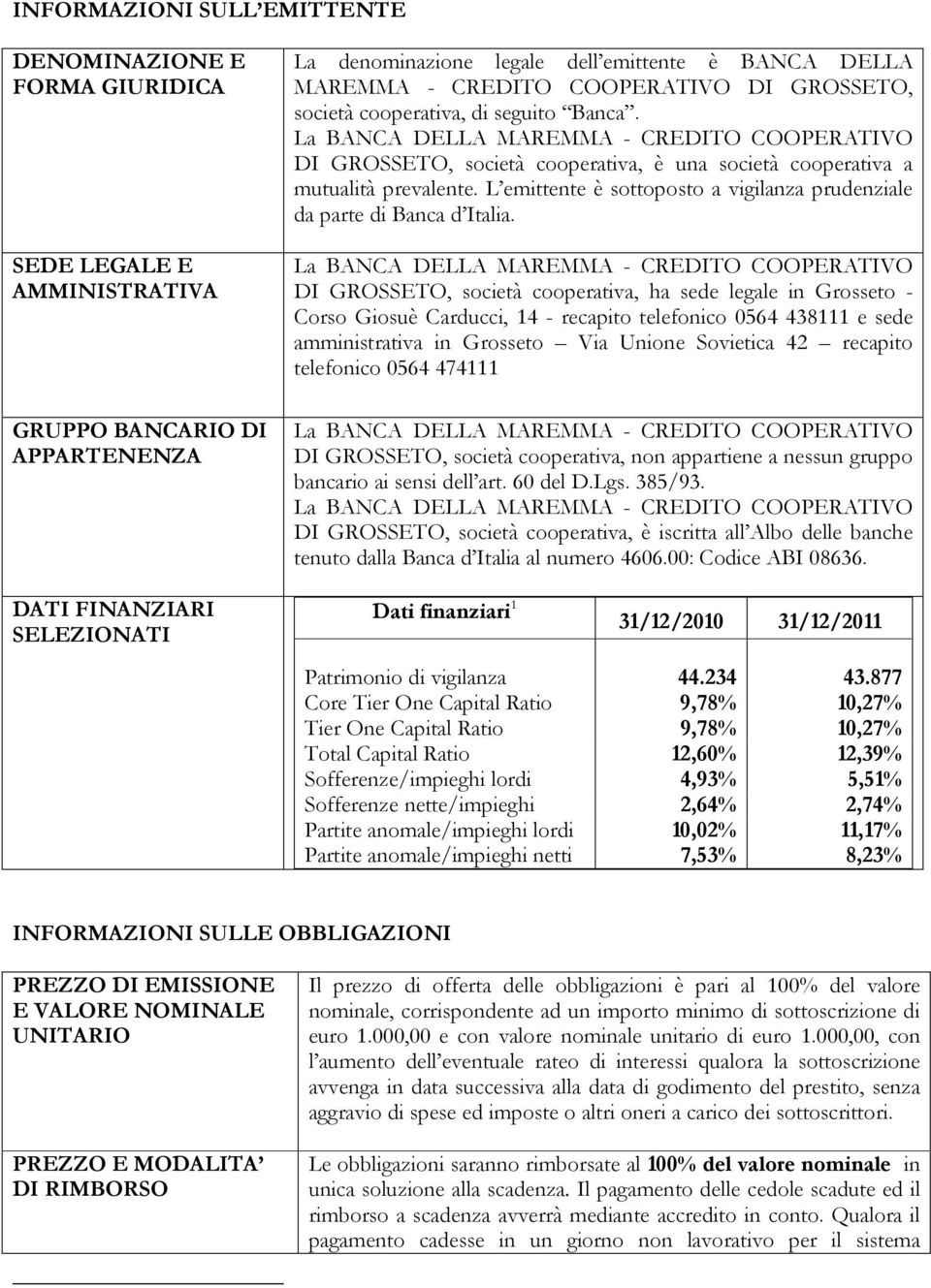 L emittente è sottoposto a vigilanza prudenziale da parte di Banca d Italia.