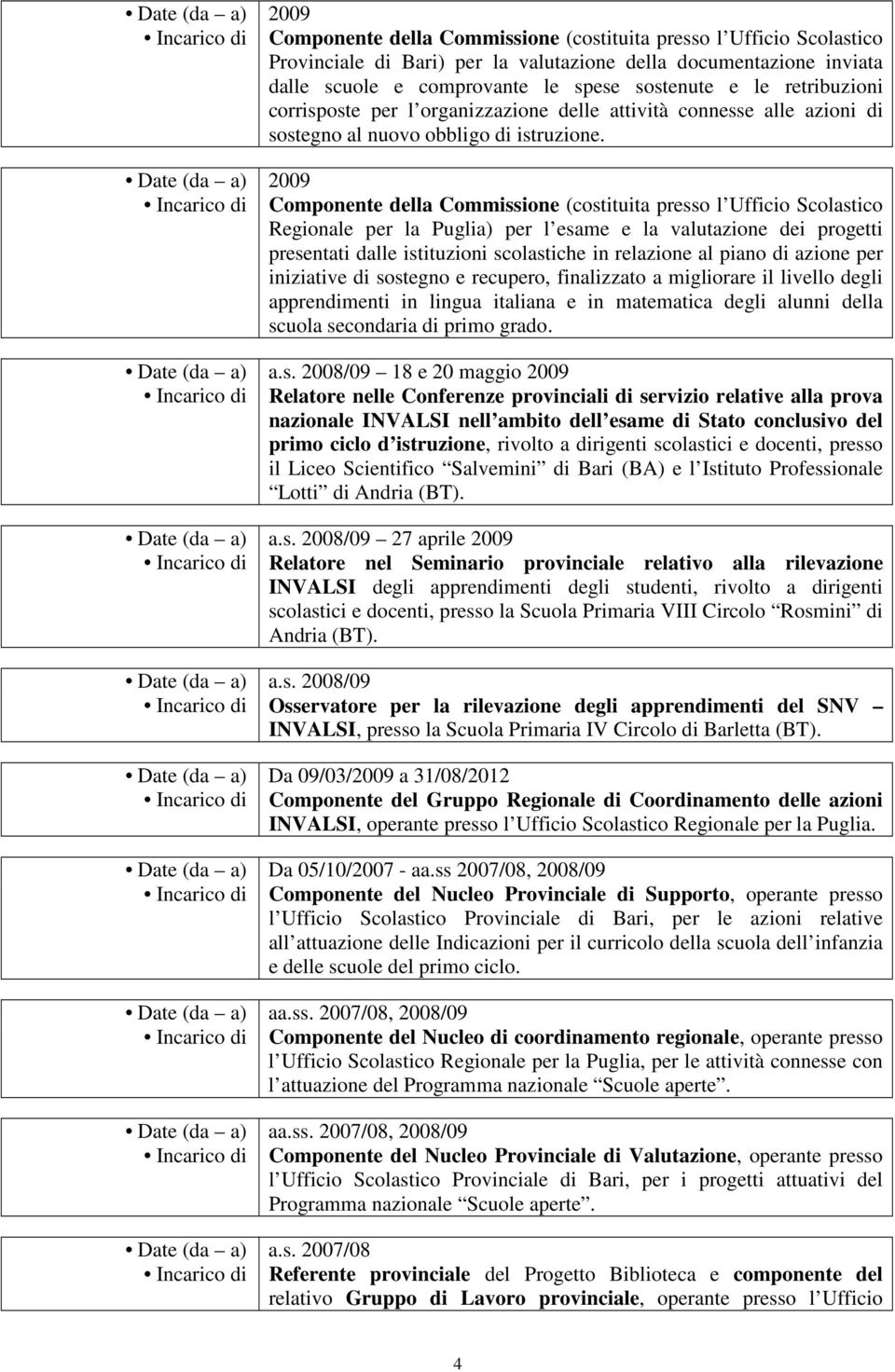 Date (da a) 2009 Incarico di Componente della Commissione (costituita presso l Ufficio Scolastico Regionale per la Puglia) per l esame e la valutazione dei progetti presentati dalle istituzioni