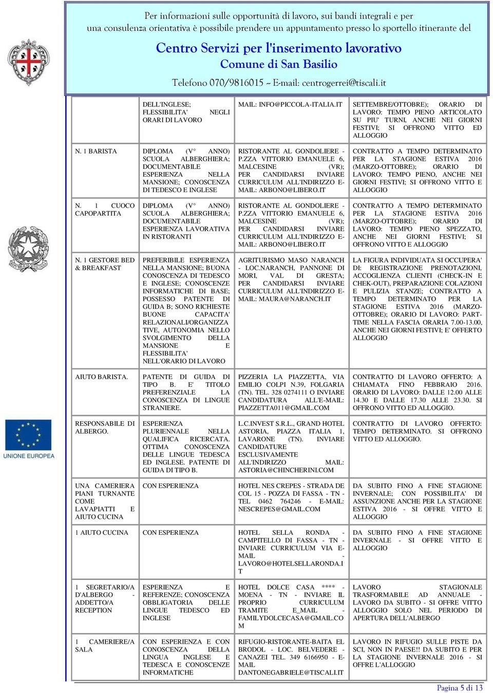 IT PER LA STAGIONE ESTIVA 2016 (MARZO-OTTOBRE); ORARIO DI LAVORO: TEMPO PIENO, ANCHE NEI GIORNI FESTIVI; SI OFFRONO VITTO E N.