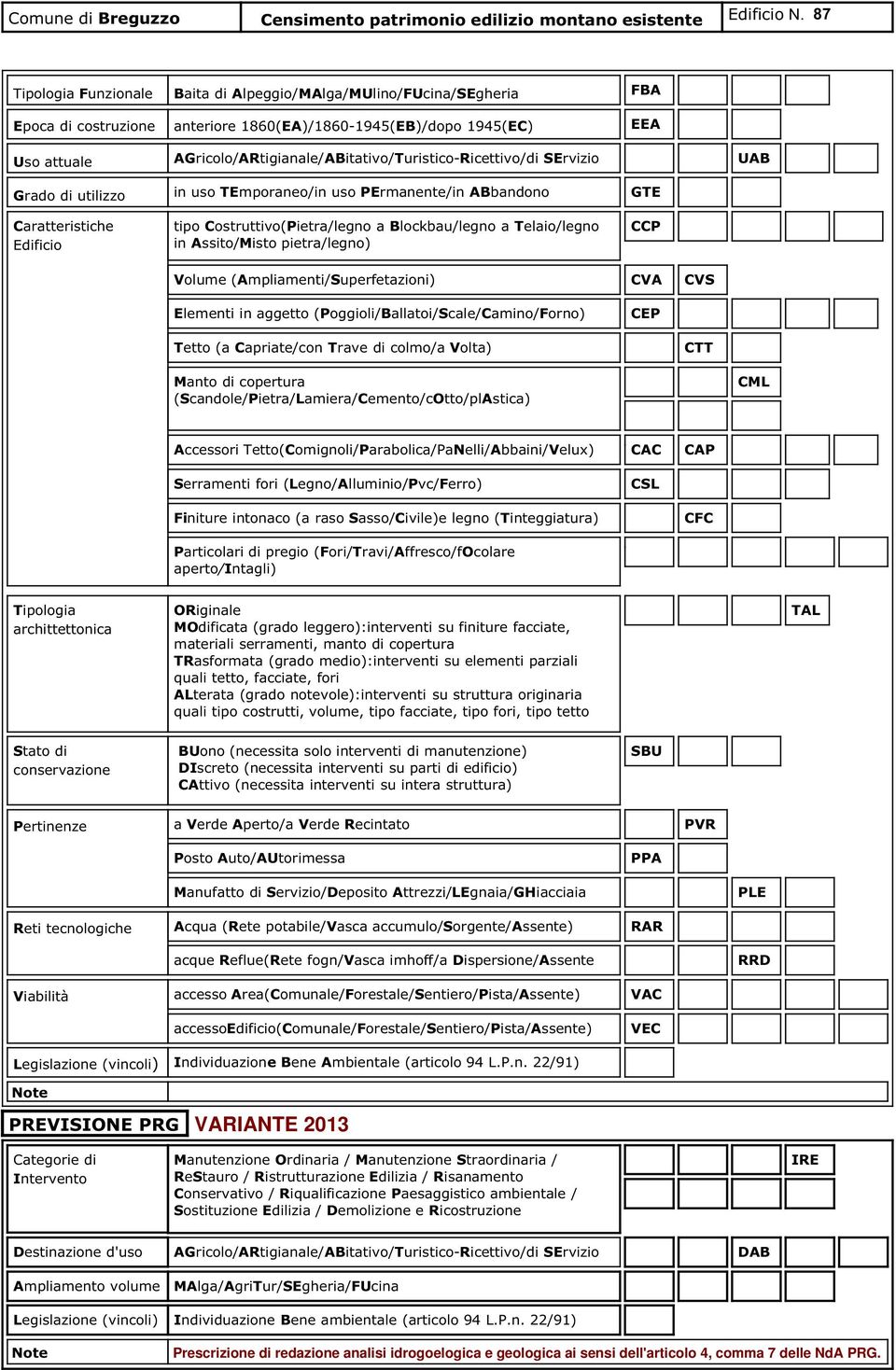 AGricolo/ARtigianale/ABitativo/Turistico-Ricettivo/di SErvizio UAB Grado di utilizzo in uso TEmporaneo/in uso PErmanente/in ABbandono GTE Caratteristiche Edificio tipo Costruttivo(Pietra/legno a