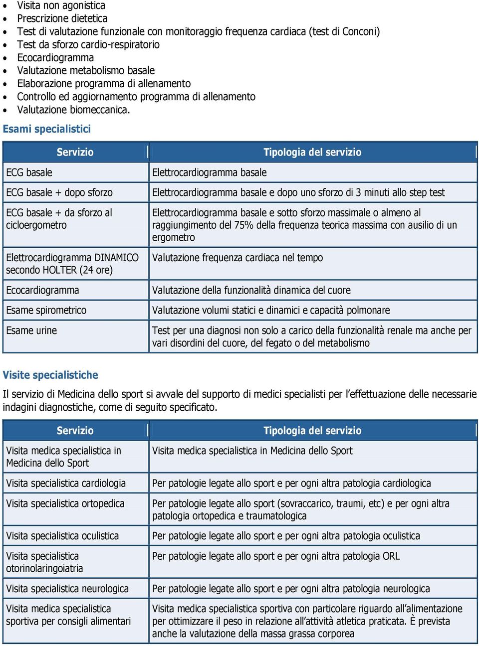 Esami specialistici ECG basale Servizio ECG basale + dopo sforzo ECG basale + da sforzo al cicloergometro Elettrocardiogramma DINAMICO secondo HOLTER (24 ore) Ecocardiogramma Esame spirometrico Esame