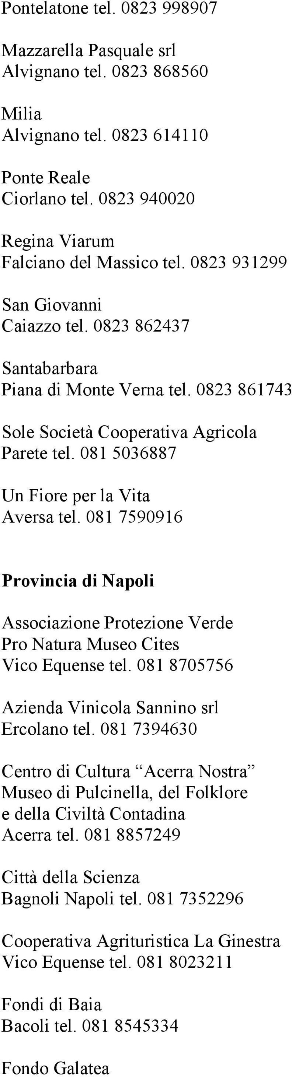 081 7590916 Provincia di Napoli Associazione Protezione Verde Pro Natura Museo Cites Vico Equense tel. 081 8705756 Azienda Vinicola Sannino srl Ercolano tel.
