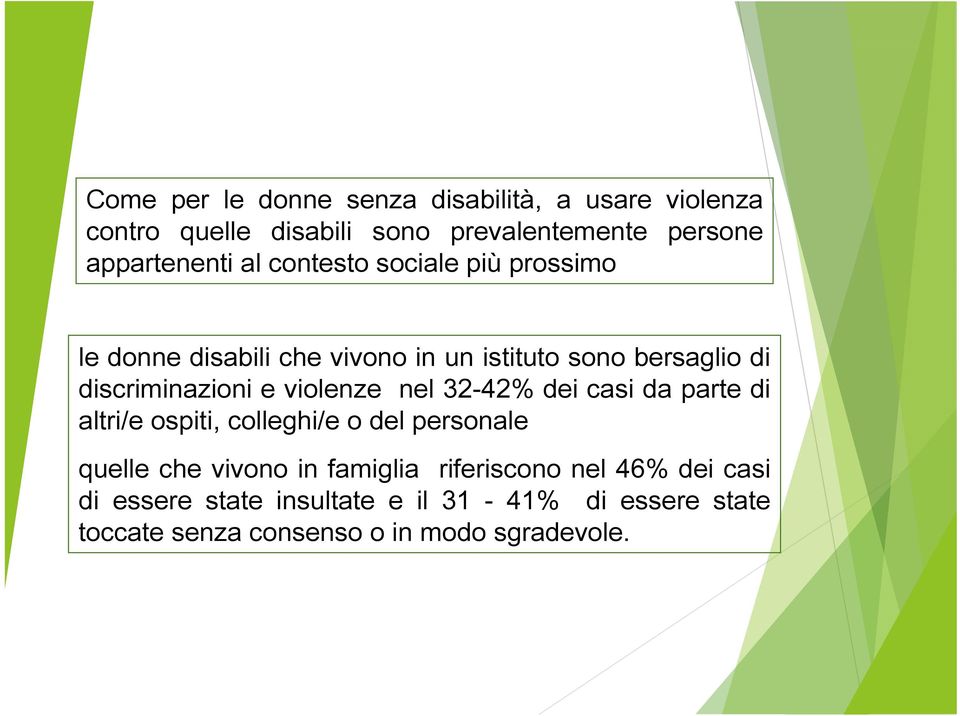 violenze nel 32-42% dei casi da parte di altri/e ospiti, colleghi/e o del personale quelle che vivono in famiglia