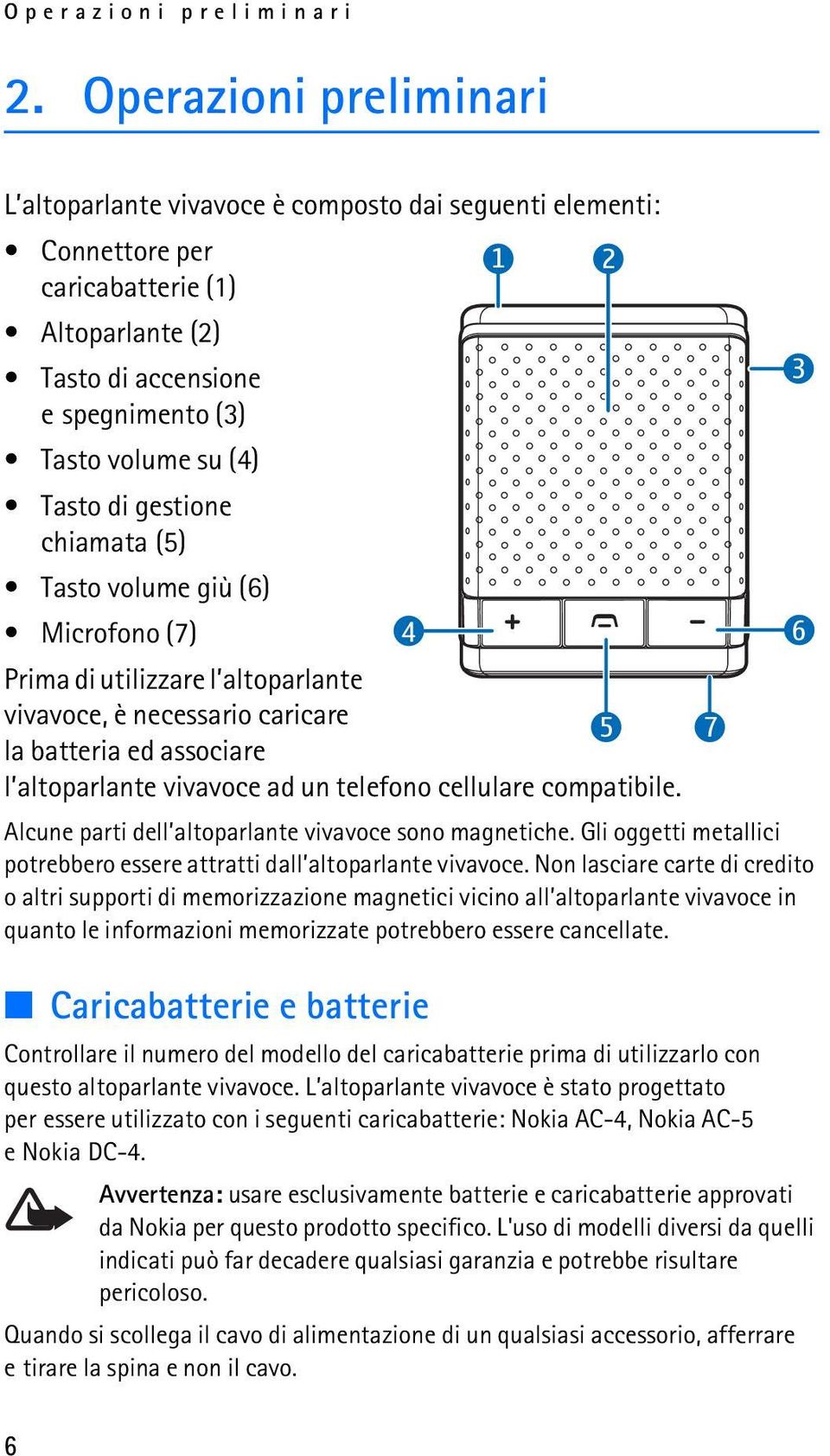 di gestione chiamata (5) Tasto volume giù (6) Microfono (7) 4 6 Prima di utilizzare l altoparlante vivavoce, è necessario caricare la batteria ed associare 5 7 l altoparlante vivavoce ad un telefono