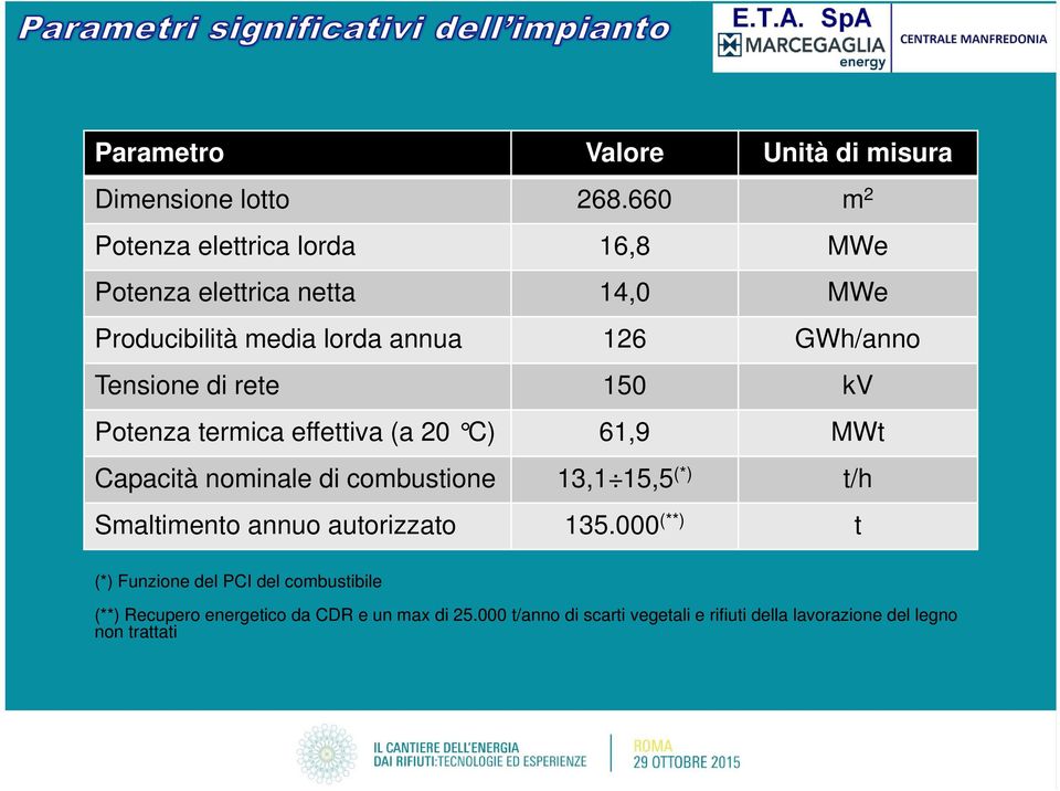 Tensione di rete 150 kv Potenza termica effettiva (a 20 C) 61,9 MWt Capacità nominale di combustione 13,1 15,5 (*) t/h